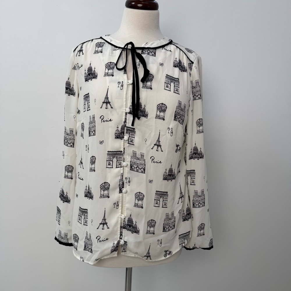 Talbots Paris Print Tie-Neck Blouse - White/Black size small womens